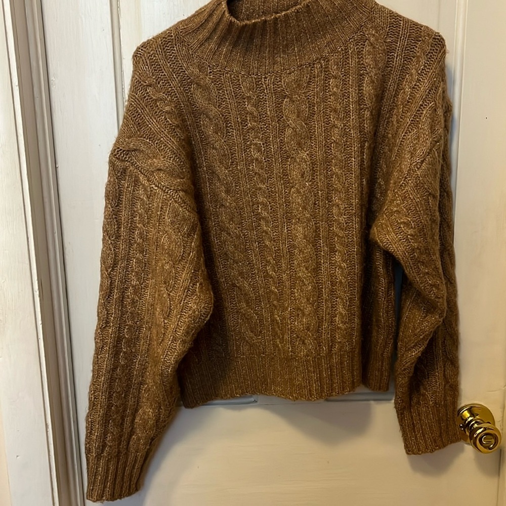 Mango Tan Cable Knit Mock Neck Sweater